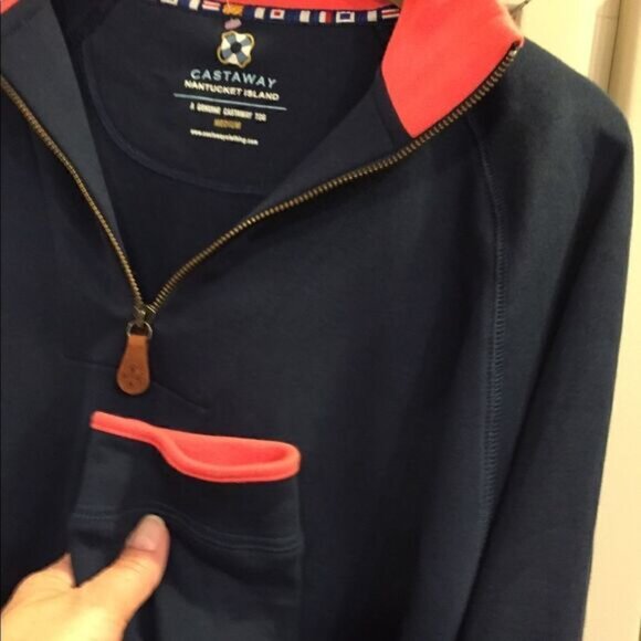 Castaway Sailing Quarter Zip Navy Cotton Pullover Mens SZ L - Picture 3 of 5